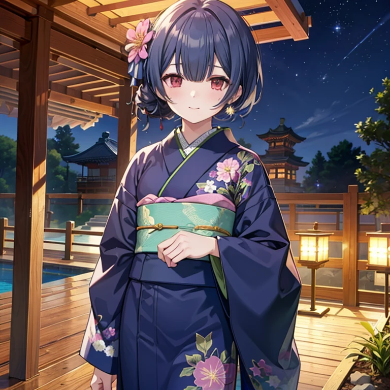 (( top quality )), ((masterpiece)), (  Details), ( super high resolution )、aarinze 、
 short hair、 single hair bun、 hair flower 、 kimono 、 Blue Kimono 、Printed kimono、Floral、 Long Sleeve 、Wide sleeve、band、band、
 perfect face、 perfect body、Perfect Hair、超 Detailsな肌、超 Detailsな瞳、
whole body、 standing、( cowboy shot 1 · 3 )、
 smile with closed mouth、
Outdoor、 Japanese Garden、 professional lighting、