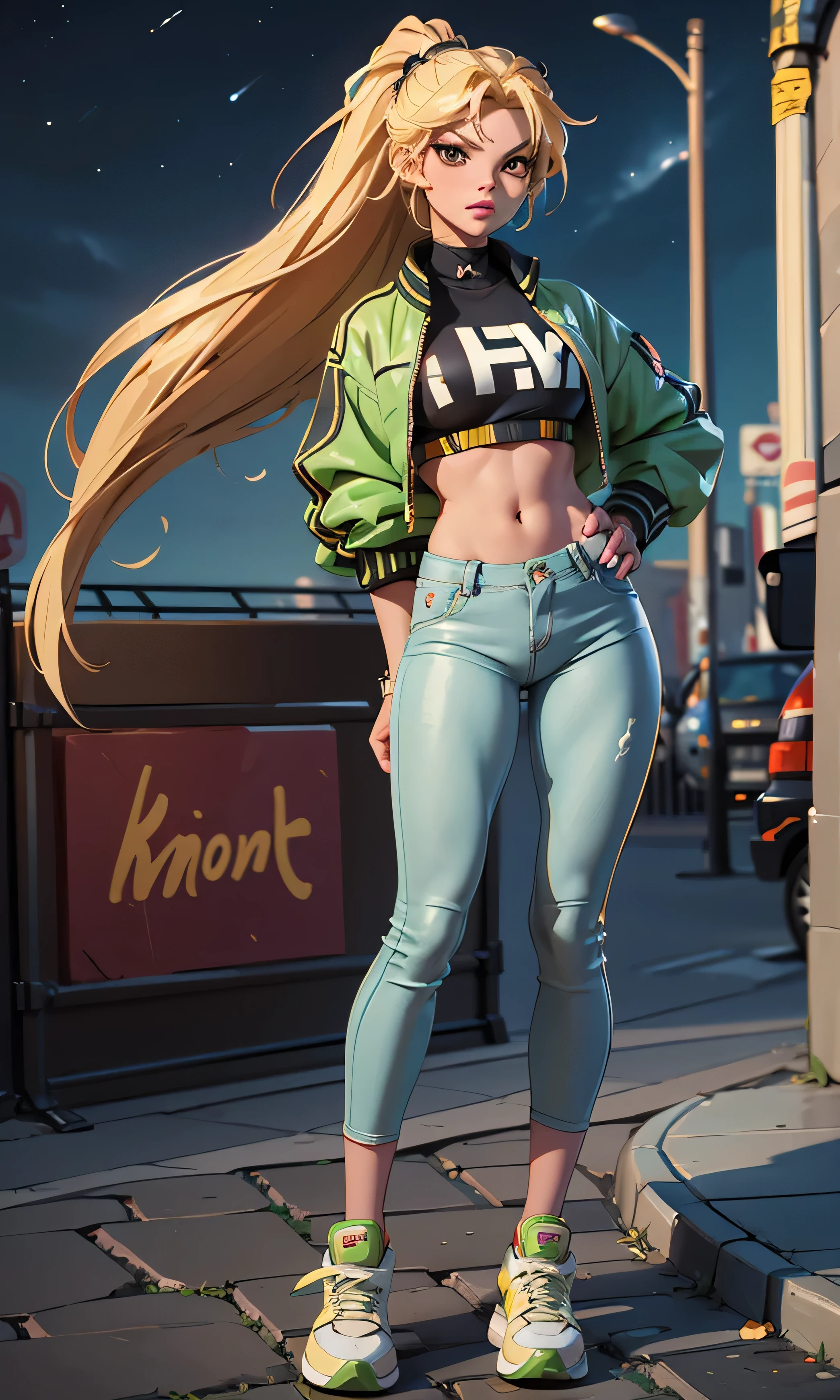 Masterpiece, 1 girl, beautiful, slim, head on, watching the spectator, long hair, blond hair, brown eyes, arched eyebrows, full body, pretty legs, abdomen plano, Kpop outfit , micro top blanco, micro pantalón de mezclilla verde, sports shoes, (((desnuda))), on the street, dark sky, Danger Zone , 