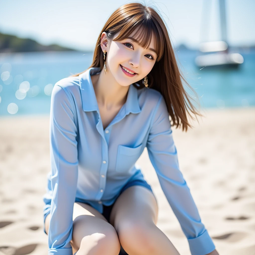 (((Full body photo：2.0)))、(((Barefoot：2.0)))、I can see your ankles、 Big Breasts 、see-through blue shirt 、 wearing a see-through blue skirt、 crouching 、 squatting position 、 white sand beach with the sea in the background、sea、sea岸、12Ｋ、ＨＤＲ、  Japanese、 Bit depth 10 bits 、 cleavage、(  realistic ) ,   (photo realistic  :1.4), masterpiece,      Very Delicate and Beautiful  , very detailed,smile、( light brown hair )、Women who exude adult sex appeal  、クリアホワイトスキン  、   happy face、((( white teeth visible)))、 random hair styles inside European palaces、I can see your ankles、 light brown eyes、(( Random Posing ))、Dazzling Sun、青いsea、 hair is shaking in the wind、