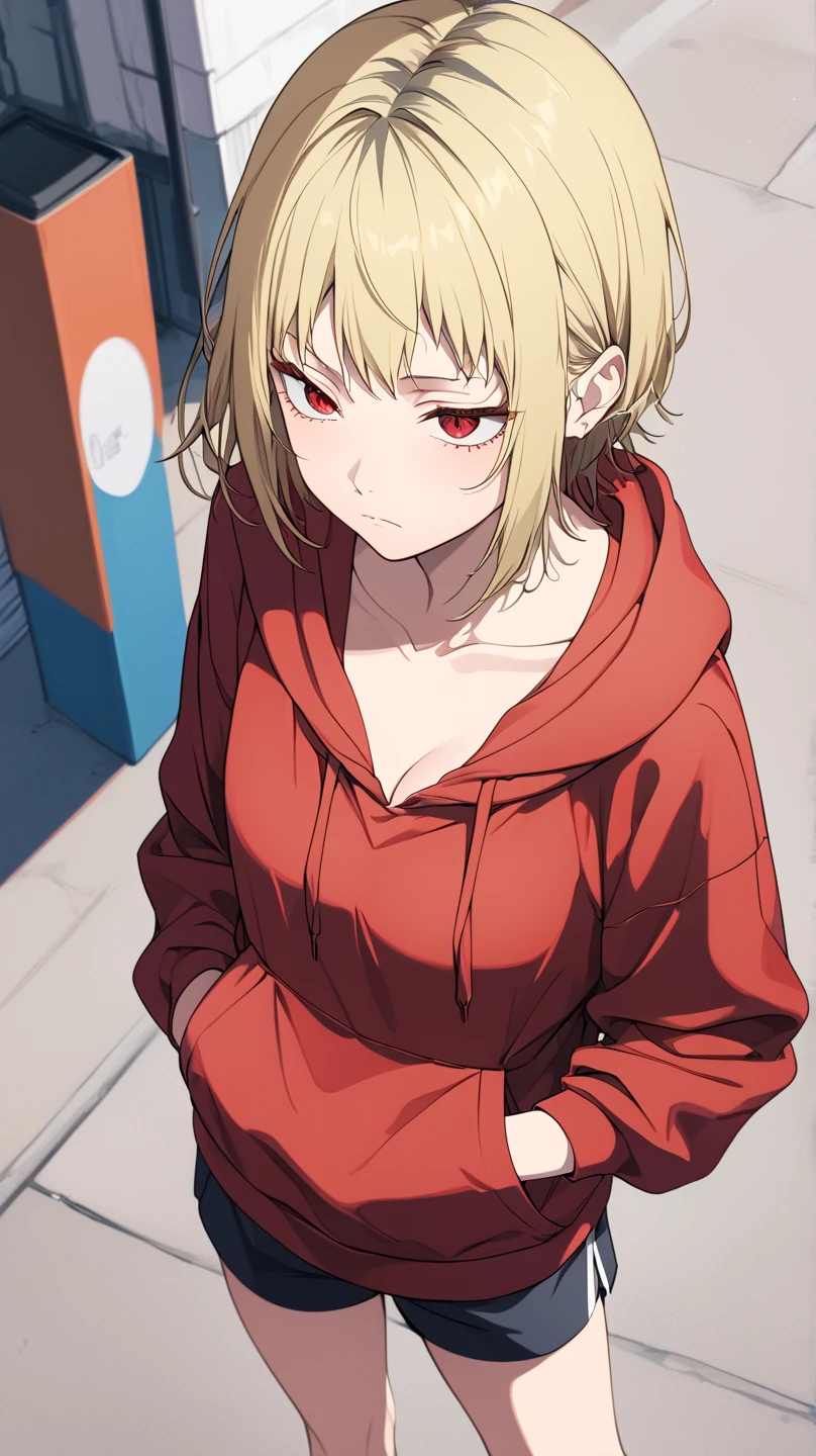  High Quality , 最 High Quality , masterpiece,  high definition ,accurate,
In the city,Shopping Street,
slouch, forward leaning position,
 1 girl, Blonde,  short hair, Anime Coloring ,  multi-colored hair ,  Bicolor Hair (Blonde), red eyes,Black hair on top of head only , straight hair, medium hair, side lock,Short bangs,Forehead,A mature atmosphere,medium height , Slender,Blondeがベース
トップス(Red hoodie)Bottoms(Shorts), with a little bit of sadness, No Emotion, has her hands in her hoodie pocket, is plunging her hands into her pockets, closeup , hands in pockets , No Emotion,solo,  protrudes from the screen, Vertical pupil,  high angle, angle from above ,Snake&#39;s Eyes, upper body only, very detailed, She's looking up at me