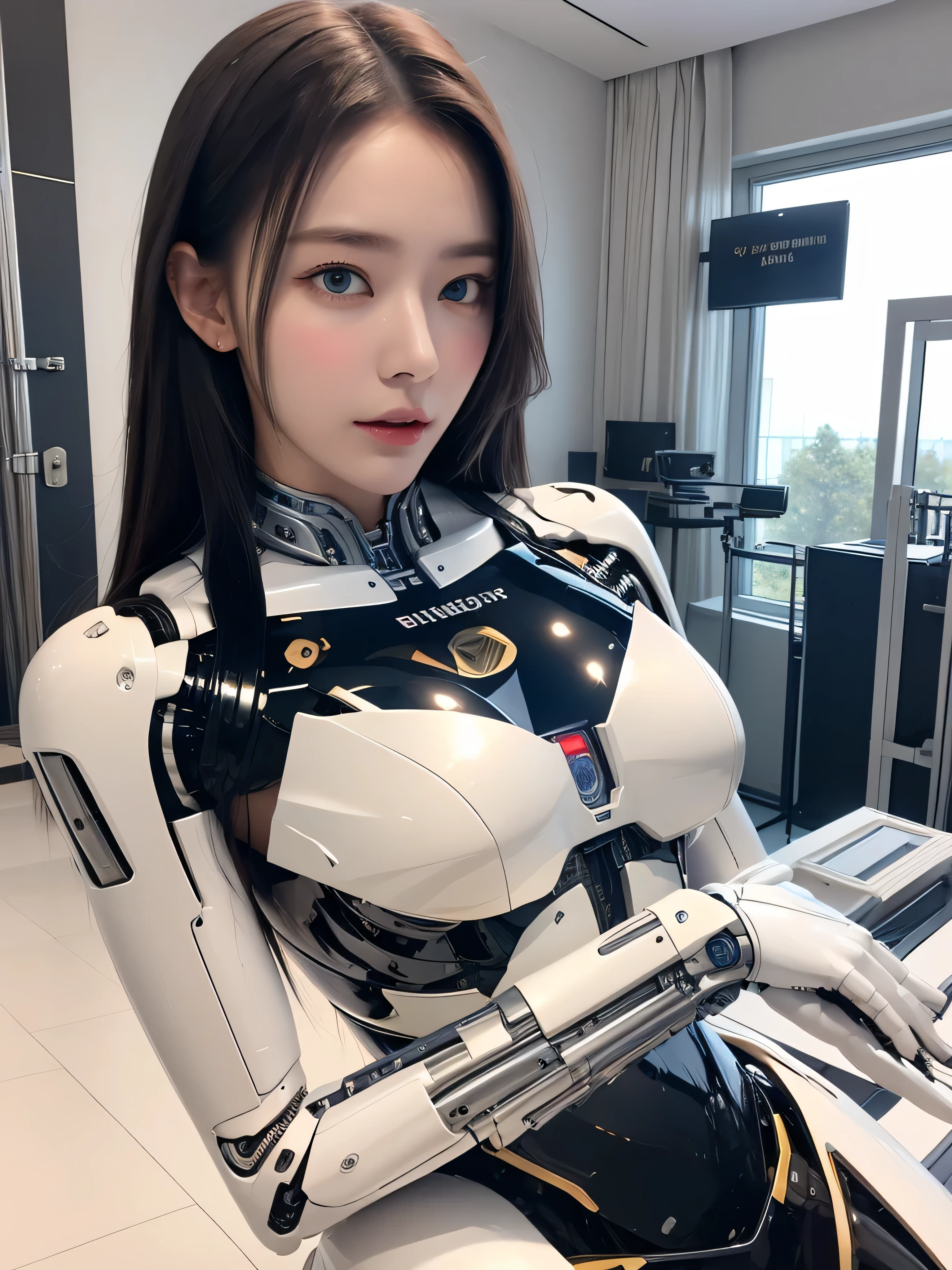 masterpiece, best quality, extremely detailed, Japaese android girl,Plump , hug,control panels,android,Droid,Mechanical Hand, Robot arms and legs, Black hair,Blunt bangs,perfect robot girl,long tube,thick cable connected her neck,android,robot,humanoid,cyborg,japanese cyborg girl ,robot-assembly plant,She is assembled now,assembly scene,chest monitor,blue eyes