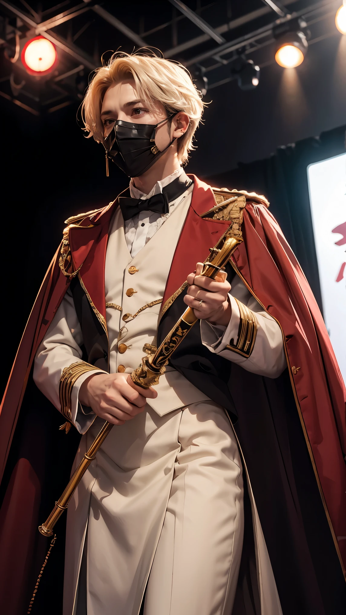 1 man, beast mouth masked, royal blood clothes style, long crimson coat, white shirt, golden cane, short hair, on the stage, 