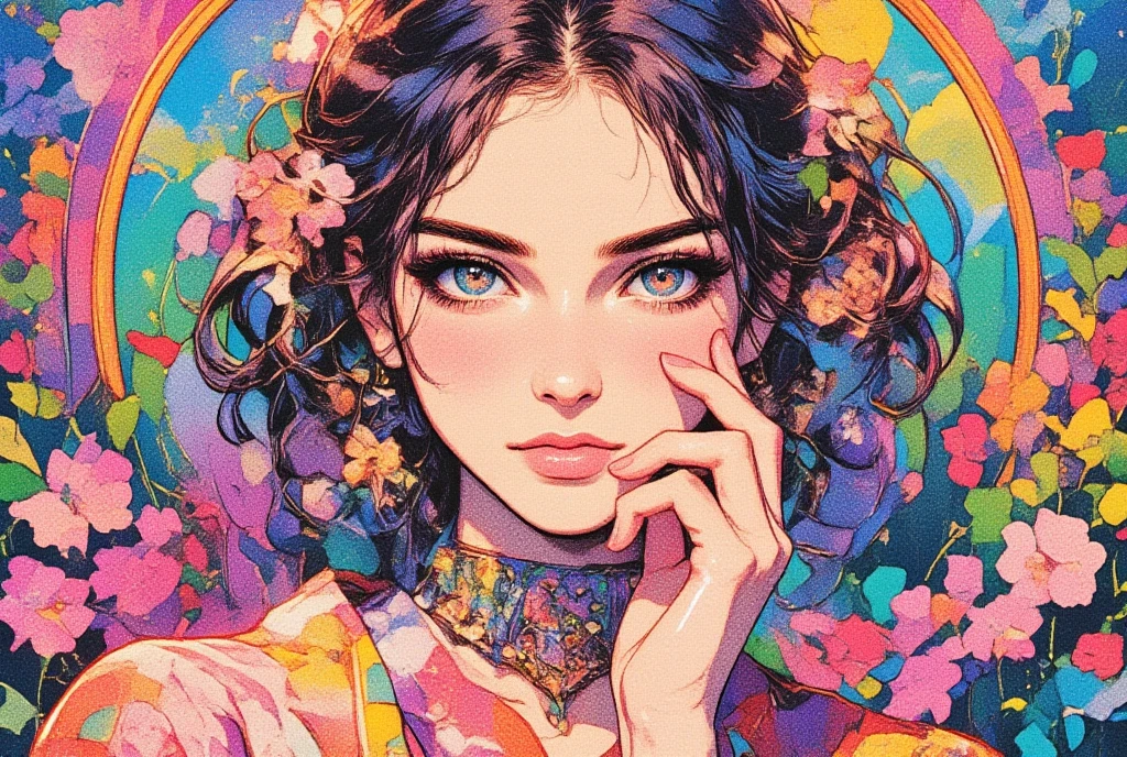 Woman wearing a Japanese yukata. Groovy retro vibes, Love and Peace Psychedelic, Hippie Girl Portrait and Flowers, Floral Hippie Art, Colorful Psychedelic Floral, retro futuristic, flat Illustration, Electro Madness, ArsMJStyle, Oil Pastels, drawing