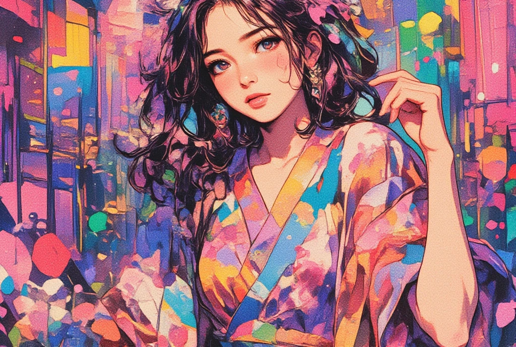 Woman wearing a Japanese yukata. Groovy retro vibes, Love and Peace Psychedelic, Hippie Girl Portrait and Flowers, Floral Hippie Art, Colorful Psychedelic Floral, retro futuristic, flat Illustration, Electro Madness, ArsMJStyle, Oil Pastels, drawing