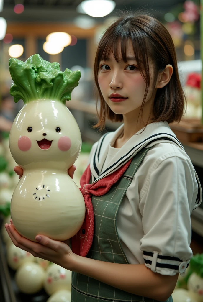 ultra-realistic, photorealistic, dramatic scene, shadow, global-illumination, solo, very beautiful Japanese woman, she is high school student, she works part-time at the factory, very beautiful with very cute but boyish cool face, wearing high school sailor uniform, she is working at the daikon radish figure factory, She is holding a realistic daikon shaped digital clock that is being carried on a conveyor belt, Many identical clocks are being carried on a conveyor belt in an orderly fashion, the cute clock that she is holding is 1 daikon\(white porcelain, digital clock, intricated detailing, antique, elegant, daikon radish shaped clock, Meissen, Cibulak, Glossy and smooth surface, large, very cute, smile, chubby, full body\), the factory is gorgeously decorated with bamboo and festive Christmas illuminations, shoot from side