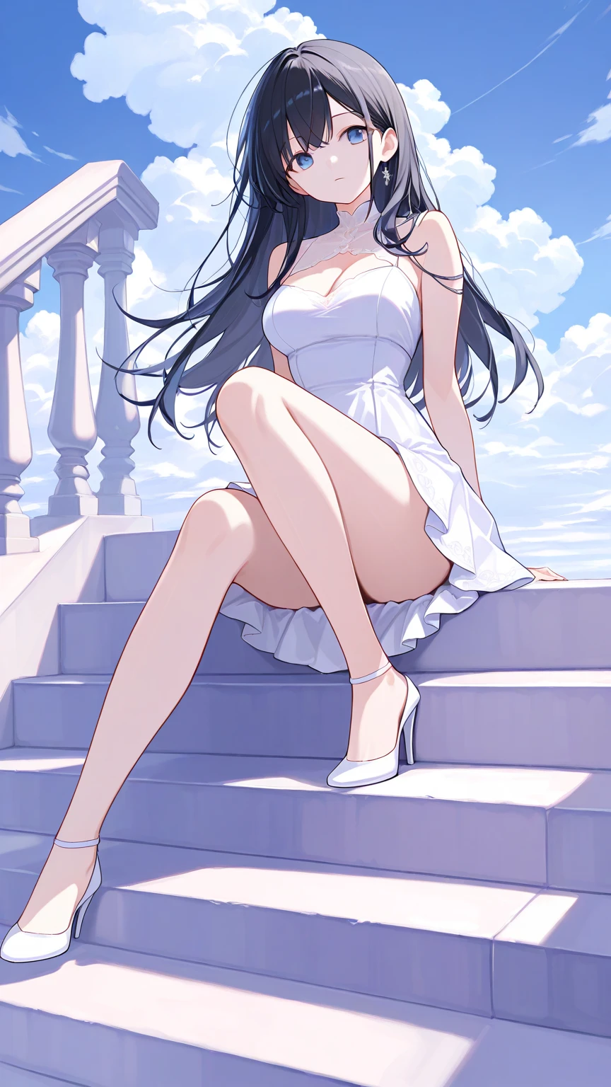 1girl, solo, long hair, breasts, black hair, dress, cleavage, bare shoulders, sitting, outdoors, sky, shoes, day, cloud, white dress, high heels, blue sky, arm support, short dress, white footwear, stairs, single shoe