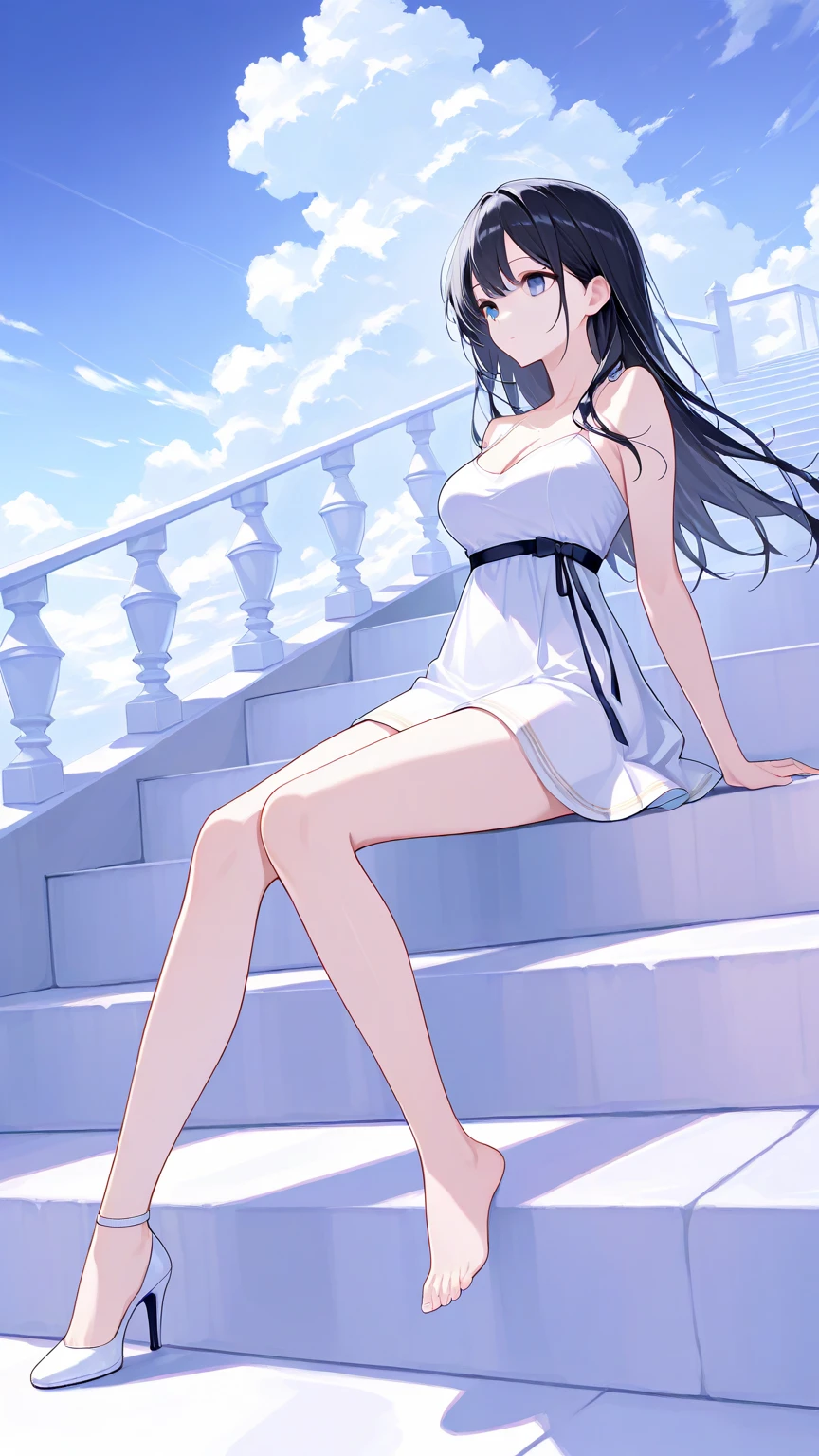 1girl, solo, long hair, breasts, black hair, dress, cleavage, bare shoulders, sitting, outdoors, sky, shoes, day, cloud, white dress, high heels, blue sky, arm support, short dress, white footwear, stairs, single shoe