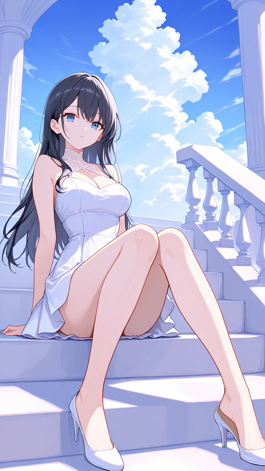 1girl, solo, long hair, breasts, black hair, dress, cleavage, bare shoulders, sitting, outdoors, sky, shoes, day, cloud, white dress, high heels, blue sky, arm support, short dress, white footwear, stairs, single shoe