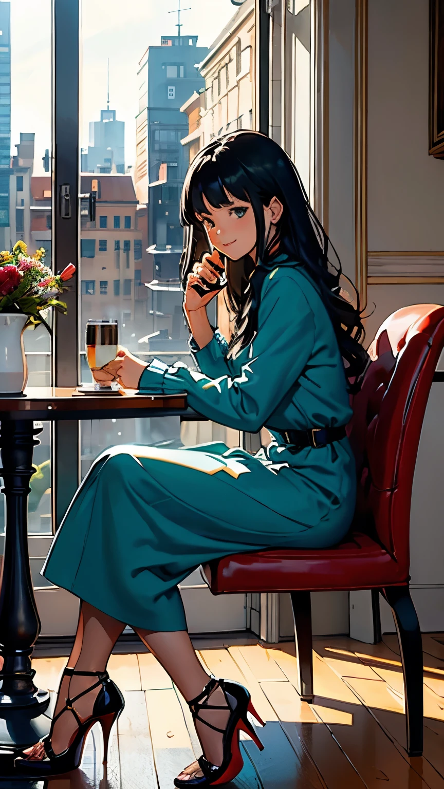    ((masterpiece, high resolution, better quality, better details)), ((Smiling)), ((one girl)) a girl sitting at a large wooden desk, full body, wearing a pleated maxi skirt, long skirt, ((long skirt without openings)), paired with a fitted cardigan, ((Louboutin high heels)), green eyes, ((black hair, long hair)), shiny skin, ((top view)), solo, from above, full body, focus full body, in a stylish office, writing in a notebook