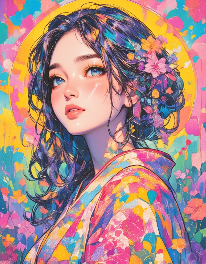 Woman wearing a Japanese yukata. Groovy retro vibes, Love and Peace Psychedelic, Hippie Girl Portrait and Flowers, Floral Hippie Art, Colorful Psychedelic Floral, retro futuristic, flat Illustration, Electro Madness, ArsMJStyle, Oil Pastels, drawing