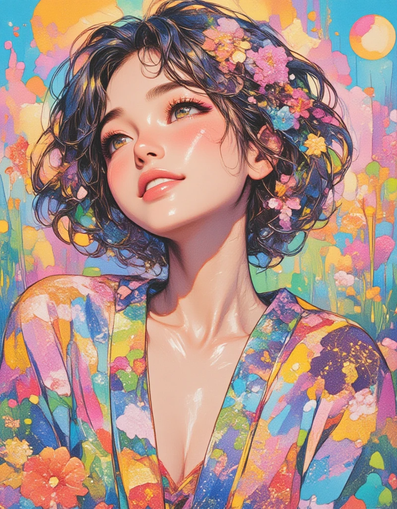 Woman wearing a Japanese yukata. Groovy retro vibes, Love and Peace Psychedelic, Hippie Girl Portrait and Flowers, Floral Hippie Art, Colorful Psychedelic Floral, retro futuristic, flat Illustration, Electro Madness, ArsMJStyle, Oil Pastels, drawing