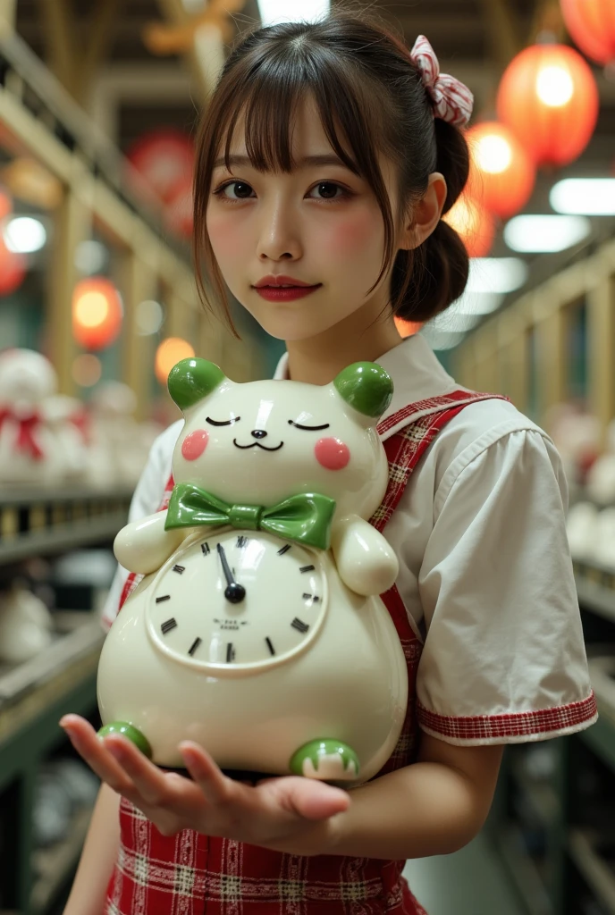 ultra-realistic, photorealistic, dramatic scene, shadow, global-illumination, solo, very beautiful Japanese woman, she is high school student, she works part-time at the factory, very beautiful with very cute but boyish cool face, wearing high school sailor uniform, she is working at the daikon radish figure factory, She is holding a realistic daikon shaped clock that is being carried on a conveyor belt, Many identical clocks are being carried on a conveyor belt in an orderly fashion, the cute clock that she is holding is 1 daikon\(white porcelain, digital clock, intricated detailing, antique, elegant, daikon radish shaped clock, Meissen, Cibulak, Glossy and smooth surface, large, very cute, smile, chubby, full body\), the factory is gorgeously decorated with bamboo and festive Christmas illuminations, shoot from side