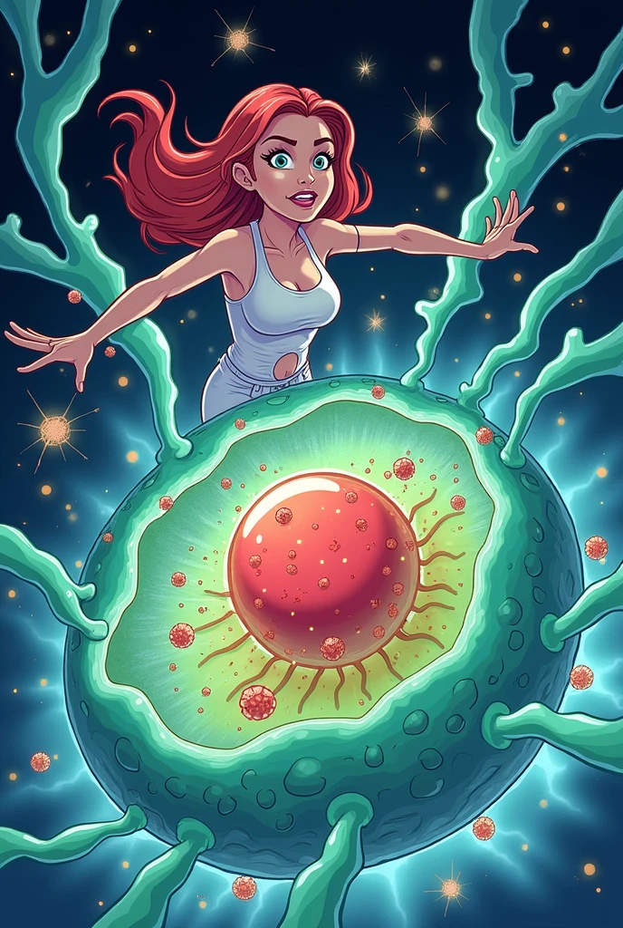 Redhead woman in sensual pose escaping from alien portal , she is looking back , as if someone was chasing her , alien ship