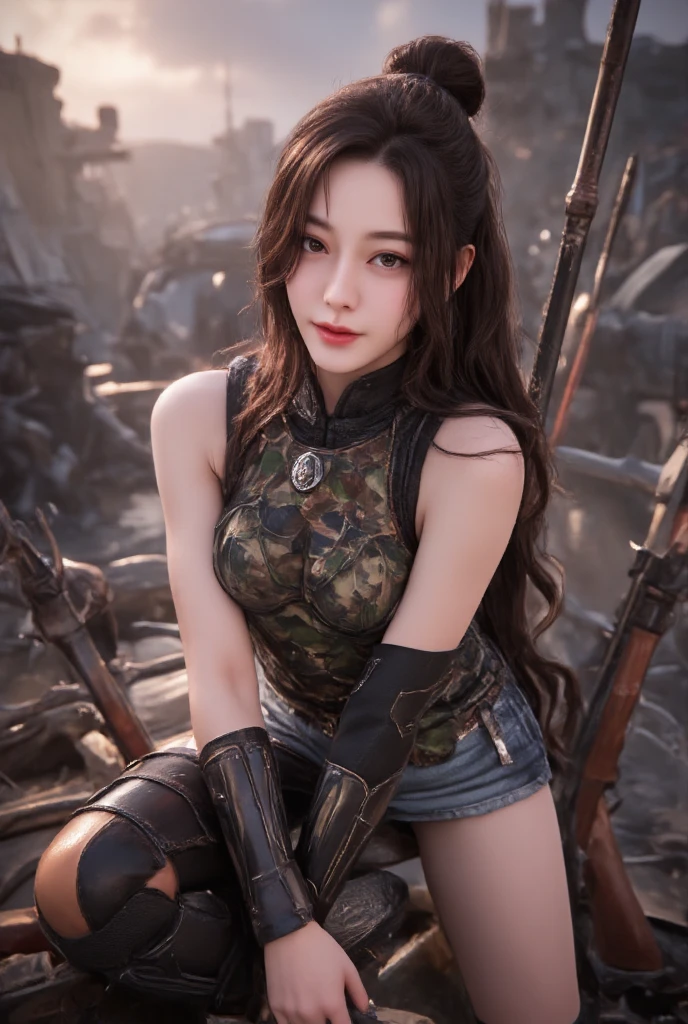 (Masterpiece)1.5, 4k, Realistic, high-definition photography, full body top view,
"Young adult, cute Asian idol, beautiful face"
 (Appearance: High nose bridge, Luscious cheek, 
 Very long twisted updo hairstyle,
 Camo paint, Glowing beautiful white skin, Athletic body, 
 Wearing a combat tanktop and short pants), with some armory, and weapons,
 Emphasis: war cinematic drama, 