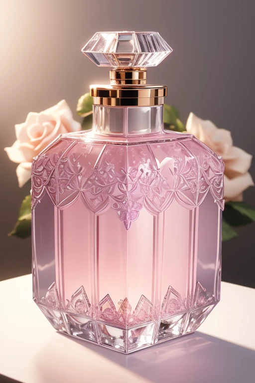 Bottle Design  、 rococo luxury square crystal perfume bottle decorated with beautiful violet flowers and birds、　  decorated with beautiful violet flowers and birds、milk colored background  　 Silver lighting、 30 megapixel   、  Photographed by a Professional Photographer  、Excellent lighting、  Masterpiece