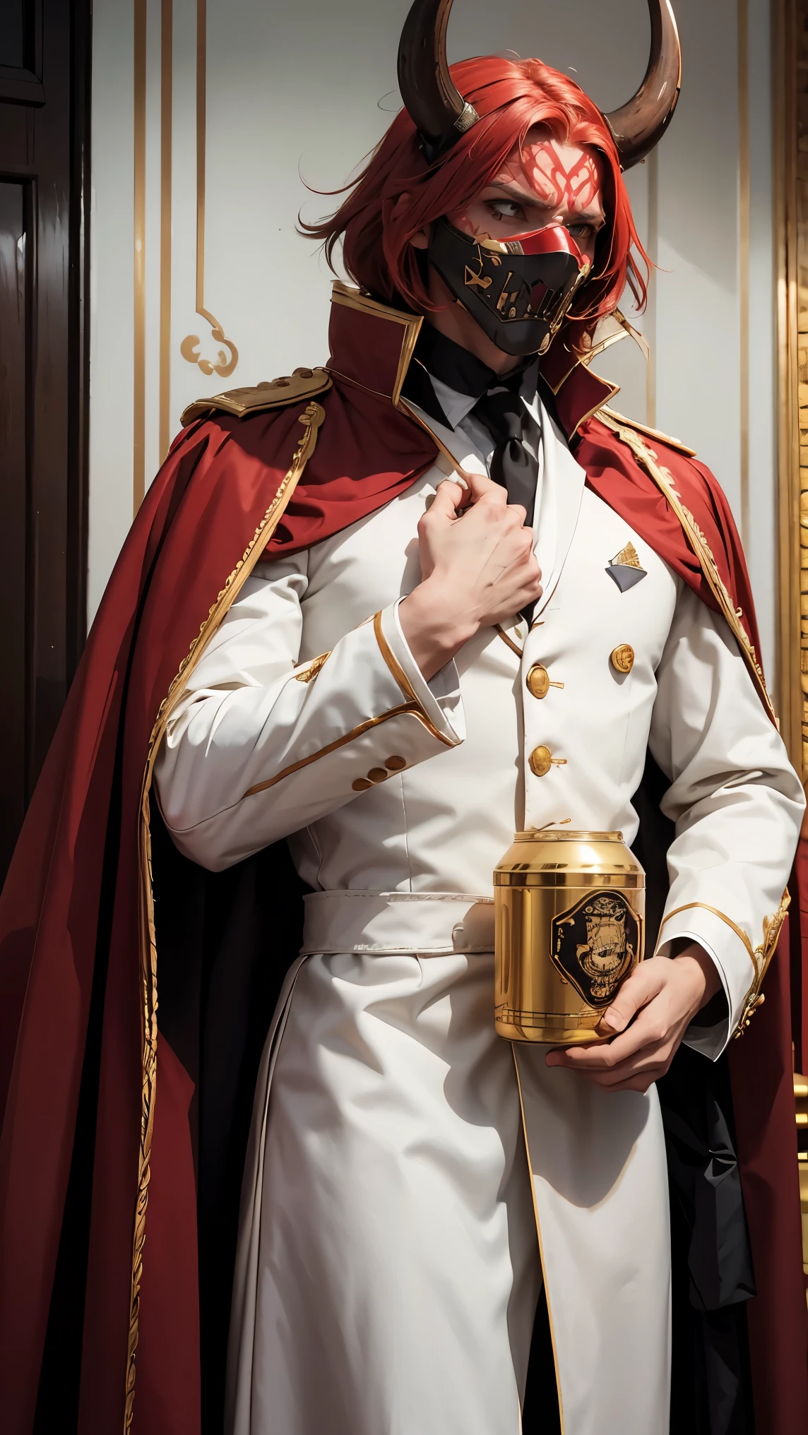 1 man, beast mouth masked, royal blood clothes style,long crimson coat, white shirt, golden can,