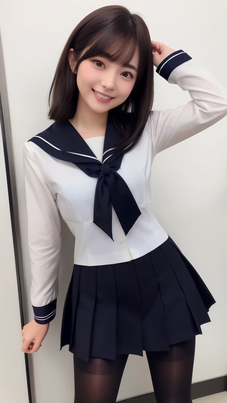 White Sailor Suit、(( Hides below the knee with a navy blue tight skirt))、((( black pantyhose with middle finger of left hand)))、(( black loafers))、(( full body photo of a standing figure showing all the way to the feet))、Cute high school girls、Height: 160cm、 smile like an idol、 smiling and smiling、 Professional Lighting、((Plain background))、(( highest image quality taken by Ki)),((Beautiful double eyelids ))、( long lashes)、(( dark brown shiny hair ))、((Model Face Change ))、 Belly Shorthair、My chest is G cup,