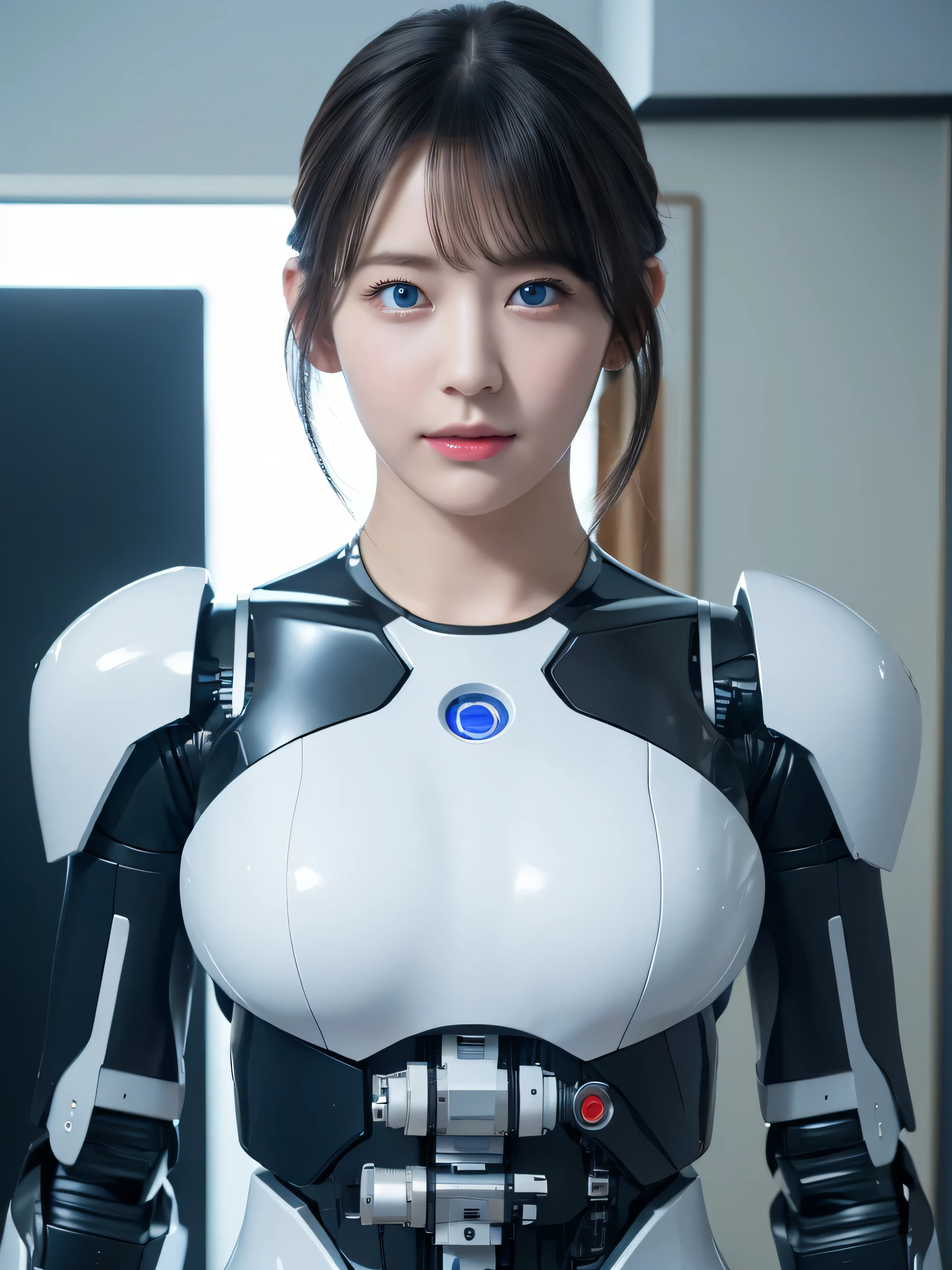 masterpiece, best quality, extremely detailed, 8K portrait,1girl in, Japaese android girl,android teacher,Plump , control panels,android,Droid,Mechanical Hand, ,Robot arms and legs, Black hair,Mechanical body,Blunt bangs,White Robotics Parts,perfect robot woman,Charging spot,perfect mechanical body,white robotics body,android assembly plant,white body,She has repaired,black sponge joints,android,laboratory,perfect machine body,white robot body,blue eyes, masterpiece, Best Quality, Illustration, Ultra-detailed, finely detail, hight resolution, 8K Wallpaper, Perfect dynamic composition, Beautiful detailed blue colored eyes, suits,Medium Hair, Natural Color Lip, Random and sexy poses,Smile,‎Classroom、20 years girl、20 years old, lifelike face、real looking skin、Realistic blue eyes、cute little, robotic neck, robotic arms and legs, deep blue eyes, career woman robot, robot girl, cyborg, control panels, control monitor in chest, 8K, RAW photos, Best quality, Masterpiece: 1.2),(best qualtiy，8K, Yes，32K，masterpiece，hyper HD：1.2) , Generate a highly detailed and realistic 4K description of a robot woman in a career suit, emphasizing every detail, from her attire to the surrounding environment, skinny body, perfect body, beautifull face, asian face, glowing skin, cyborg girl, deep blue eyes, android robot, mechanical details, korean robot girl, robotic chest, add chest monitor, perfect blue eyes, control panels, korean android woman,perfect robot girl,long tube,thick cable connected her neck,android,robot,humanoid,cyborg, korean cyborg girl,chest monitor, body by hrp-4c, face by miyawaki sakura