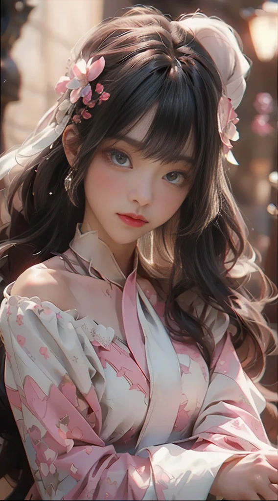 ((Best Quality)), ((Masterpiece)), (Detail: 1.4), 3D, Beautiful Cyberpunk Female Image, HDR (High Dynamic Range), Ray Tracing, NVIDIA RTX, Super Resolution, Unreal 5, Subsurface Scattering, PBR Texture, Post-Processing, Anisotropic Filtering, Depth of Field, Maximum Sharpness and Sharpness, Multi-layer Texture, Albedo and Highlight Mapping, Surface Coloring, Mitsu-Accurate Simulation of Material Interactions, Perfect Proportions, Octane Rendering, Two-color Light, Large Aperture, Low ISO, white balance, regular three-point, 8K RAW, beautiful bright pupils, flowing robe, fine pupils, delicate face and eyes, long eyelashes, blush, fluffy hair, pink lips, pure, cute, sweet girl, cherry blossom petals falling, butterflies, high-class sense