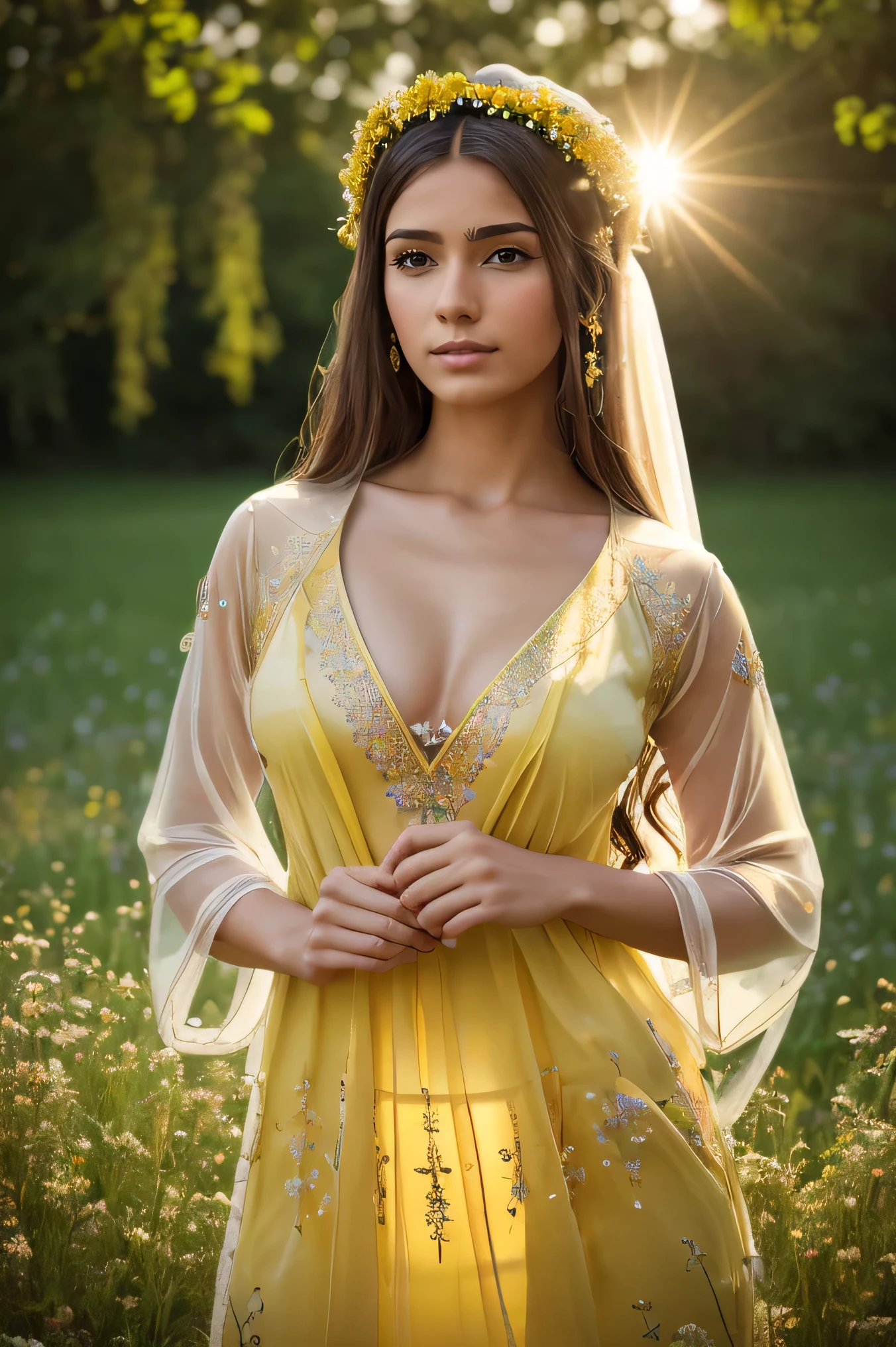 Outdoors, the sky, the halo, divine light shines from all directions,Masterpiece, highest, quality, high resolution and high quality detailed,Awesome beautiful woman. Sacred and solemn ornaments, worn around the head, wrists, neck, and waist.Goddess Physis. Dressed in a transparent yellow tunic, adorned by floral and natural elements. Small breasts. In the background, a beautiful field of wildflowers. Realistic photo. Ultrareal. RAW PHOTOS