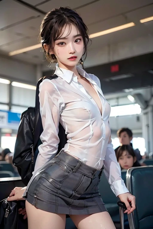 full-body portraits, photograph realistic, A beautiful Chinese mother, Adult video actress, In crowded subway cars, Get wet all over your body, Slim figure, Height 1.6m, perfect female shape, 34C breasts, Naked of breast, Slim waistline, Elongated legs, 28-inch hips, Fine fine skin, Full forehead, Slender eyebrows, Wear red and black erotic lingerie, Suspender stockings, Stiletto heels, tempting pose, streaked hair, brown hair, bangs, wavy hair, messy hair, hair slicked back, medium hair, jewelry, bespectacled, longeyelashes, earrings, makeup, light smile, red lips, cinematic lighting, three sided view, masterpiece, textured skin, super detail, best quality, 8k