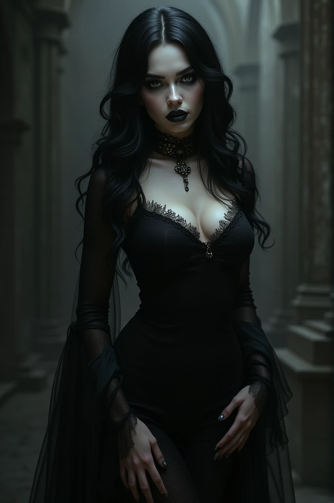 A giantess girl with black hair black scleras and red pupils, wearing a black off the shoulder short sleeve dress with ripped and torn seams, barefoot, with dark chains surrounding her with a sinister smile