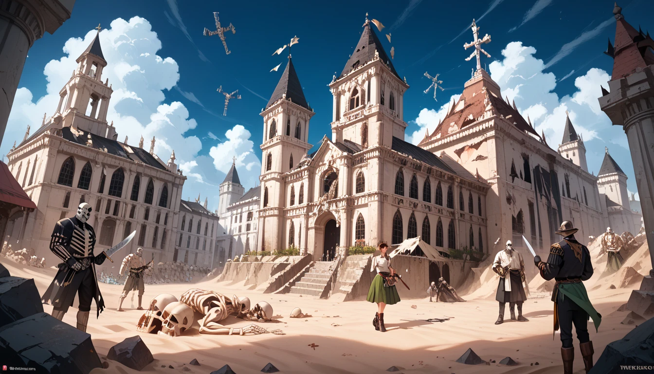 a dense monastery of towers and spires looming overhead, night. many twisted machines, tattered arcane cloth, totems and rubble in the sand. a glamorous female, hair in a scruffy ponytail, necklace, patent black over-the-knee stiletto boots, black gloves, torn flowing green skirt, loose white top. holding a decorated knife. confidently fighting on a pile. skeletons in tattered rags are around her.