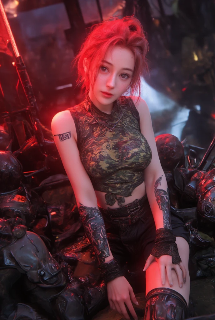 (Masterpiece)1.5, 4k, Realistic, high-definition photography, full body top view,
"Young adult, cute Asian idol, beautiful face"
 (Appearance: High nose bridge, Luscious cheek, 
 Very long twisted updo hairstyle,
 Camo paint, Glowing beautiful white skin, Athletic body, 
 Wearing a combat tanktop and short pants), with some armory, and weapons,
 Emphasis: war cinematic drama, 