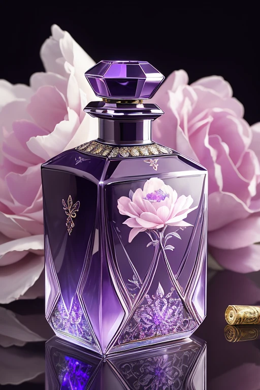 Bottle Design  、 rococo luxury square crystal perfume bottle decorated with beautiful violet flowers and birds、　  decorated with beautiful violet flowers and birds、milk colored background  　 Silver lighting、 30 megapixel   、  Photographed by a Professional Photographer  、Excellent lighting、  Masterpiece