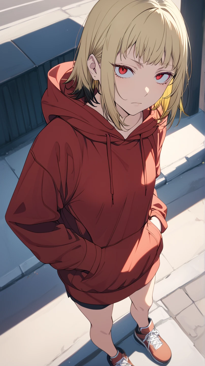  High Quality , 最 High Quality , masterpiece,  high definition ,accurate,
In the city,Shopping Street,
slouch, forward leaning position,
 1 girl, Blonde,  short hair, Anime Coloring ,  multi-colored hair ,  Bicolor Hair (Blonde), red eyes,Black hair on top of head only , straight hair, medium hair, side lock,Short bangs,Forehead,A mature atmosphere,medium height , Slender,Blondeがベース, flat chest,
Tops(Red hoodie)Bottoms(Shorts), with a little bit of sadness, No Emotion, has her hands in her hoodie pocket, is plunging her hands into her pockets, closeup , hands in pockets , No Emotion,solo,  protrudes from the screen, Vertical pupil,  high angle, angle from above ,Snake&#39;s Eyes, upper body only, very detailed, She's looking up at me, High Details , 