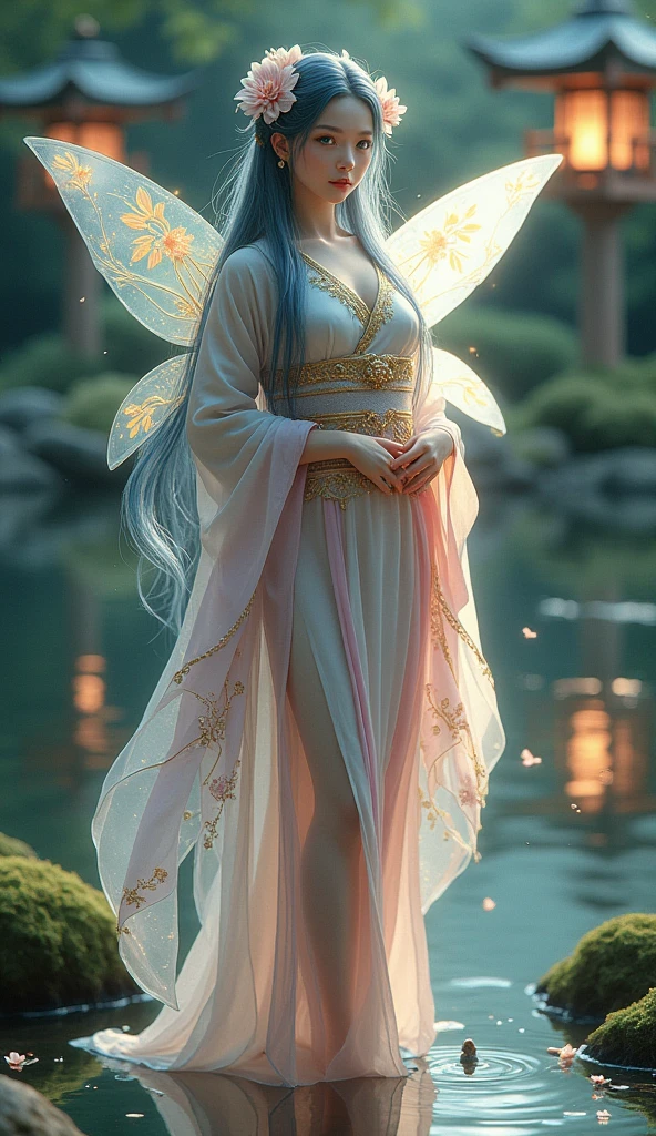 1. Subject

A Japanese hybrid fairy.

Delicate features with glowing emerald green eyes.

Long, flowing hair in a mix of midnight blue and silver.

Adorned with sakura blossoms and glowing fireflies in her hair.

Wearing an intricate kimono with floral patterns.

Bare feet, standing gracefully.


2. Style

Blend of traditional Japanese art with high fantasy.

Elegant, mystical, serene, and dreamlike.


3. Colors

Lavender, pale pink, and gold for the kimono.

Soft glowing emerald green eyes.

Pastel hues with glowing elements like fireflies and magical orbs.

Midnight blue and silver hair with subtle sakura blossoms.


4. Lighting

Soft lantern light glowing around her.

Glowing orbs floating around her, adding to the magical ambiance.

Dreamlike glow to her wings and hair.


5. Background

Tranquil Japanese garden with koi pond.

Moss-covered stone lanterns in the background.

Soft lantern light illuminating the scene.


6. Small Details

Delicate, ethereal wings with translucent veils and veins of gold.

Fireflies nestled in her hair.

Glowing orbs floating around her.


7. Final Touches

Magical, serene ambiance.

Focus on elegance, harmony, and peaceful power.
hyper-Realism style, clear details, dappled light and shadow, ultra-realistic, 16K.