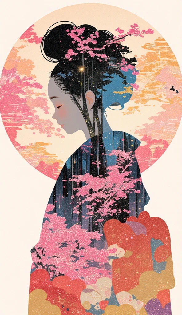 A collage art of women in yukata. The backdrop of a scenic sakura forest in Japan inside the woman's silhouette. Background of japanese sakura design patterns.