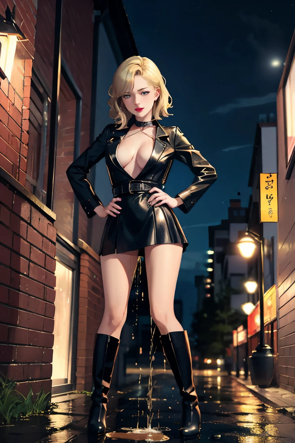 tanned blonde, Bob haircut, Two girls, Girlfriends, muscular legs, muscular calves, Strong legs, muscular hips, wide thighs, Curvy hips, high-heeled sandals, tights in a net, mid-thigh boots, short jumper dress, leather jacket, large ring earrings, He really wants to pee, in park, Coming soon, wants to pee, desperately wants to pee, wants to urinate, Cross-legged, An expression of shame on his face, confusion, Desperation on the face, crying, holding on to his stomach, crumples the hem of the skirt with his hands, Knees clenched together, Clenched hips, An expression of shame on his face, confusion, bites his lower lip, full bladder, terribly wants to go to the toilet, anatomically correct, realisti, side glance