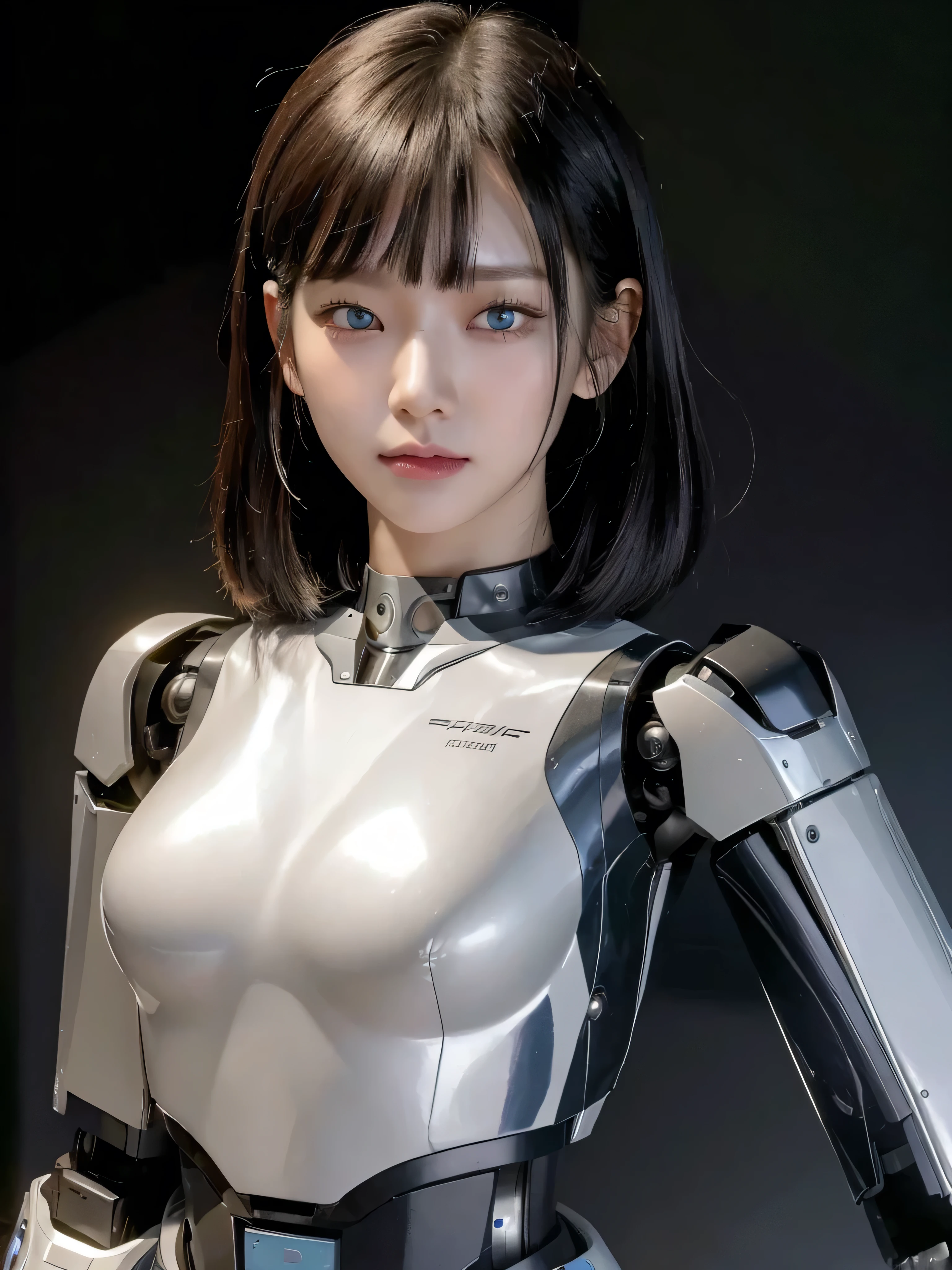 masterpiece, Best Quality, Extremely detailed, 8K portrait,Japaese android woman,Plump,control panels,android,Droid,Mechanical Hand, ,Robot arms and legs, Black hair,Mechanical body,Blunt bangs,White Robotics Parts,perfect robot woman,Charging spot,Long Tube,A thick cable was connected to her neck,ceramic body ,Mechanical body, mechanical ear covers,android,robot humanoid,a bit chubby,,She is exhibits,perfect mechanical body,white robotics body,future laboratory,blue eyes