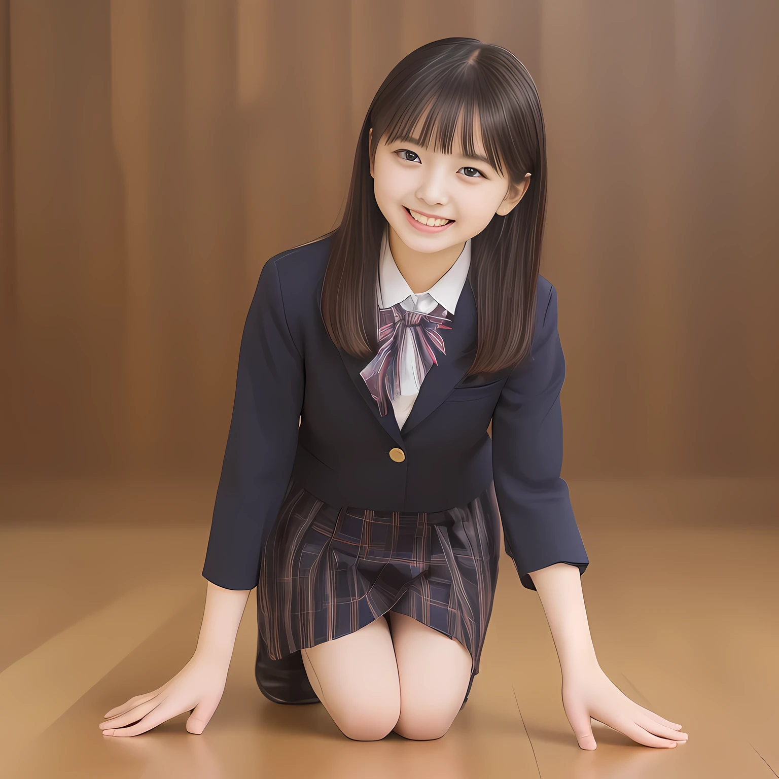 (Highest quality, masterpiece:1.2), Highest quality, High resolution, 1080P, 8k, clearly detailed, low-angle shot, height: 145cm, ((13yo)), (Some 13yo idol girls are inviting, bending down deeply at waist, and looking down at the floor, bending down deeply at her waist, their shining eyes are looking down at the viewer directly, Girls faces are looking down and coming close to the viewer, Low-angle-skirt-close-shot from below the girls' knees, ((skirt close shot)), only high altar of succubus in school underground background: 2.0) (Nobly bowing super-pretty shining-long-hair super-beautiful super-bewitching super-cute expensive school-uniform pretty slender 14yo-fashion-model of most-beautiful-school-uniform-girl-models photo-magazine in Japan, too beautiful aristocratic daughter laughing down at the viewer, in supreme bliss, bowing and accepts the viewer's every desire: 1.8), (long bottom eye-slashes, long top eye-slashes), (very bewitching beautiful full-open lips: 1.4), (neat gorgeous school uniform of private high school in Japan. navy-school-blazer with gold-emblem, super-neat navy-blue-lined-tartan-checkered light-sky-blue-pleats-school-skirt, super-girly plain-red ribbon on the breast: 1.5), (bewitching expression, smile, lips, and pose to corrupt the viewer, everything is planned and prepared to corrupt the viewer into the allusion of love towards the girl: 1.2), (clearly detailed foreground focusing on girl's beauty and cuteness, gorgeous blue girly bed background of full-of-girls girly-heaven: 1.2), (some girls are putting her beautiful both hands and fingers on the viewer to tear off the viewer's cloths lustily and forcibly, which may also open the viewer's brain, pouring her girly white ecstasy drool to the viewer: 1.5), (sky-blue school skirt, beautiful legs, loafers: 1.6), (detailed brown eyes: 1.5), (Strong lustful hypnotic wind blows her hair from her back: 1.4), (Too sweet much condensed milk is dripping from her hanged palms: 2.0)