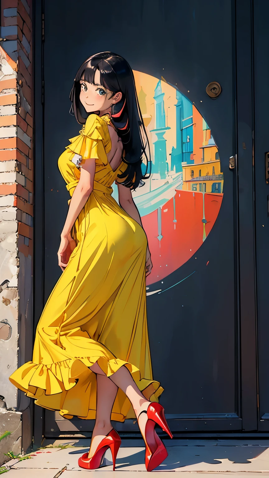 ((masterpiece, high resolution, better quality, better details)), ((Smiling)), ((one girl)) a girl working in a bright art studio, full body, wearing a long smock dress, ((long dress without openings)), with paint stains, ((Louboutin high heels)), green eyes, ((black hair, long hair)), shiny skin, ((back view)), solo, from the back, full body, focus full body