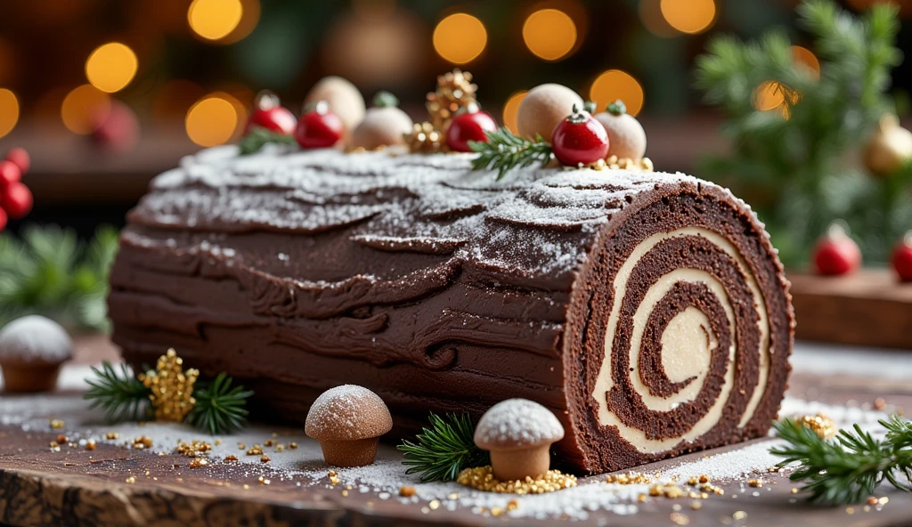 ((masterpiece)) ((photography)) ((Highest quality)) A delicious and appetizing Yule log on a wooden table, surrounded by Christmas decorations. The log features a rich chocolate frosting with a realistic bark texture, dusted with powdered sugar to resemble snow. Adorned with small edible ornaments like red holly berries, green leaves, and tiny mushrooms, along with golden edible glitter. The background includes blurred warm Christmas lights, pine cones, and sprigs of evergreen for a festive ambiance.