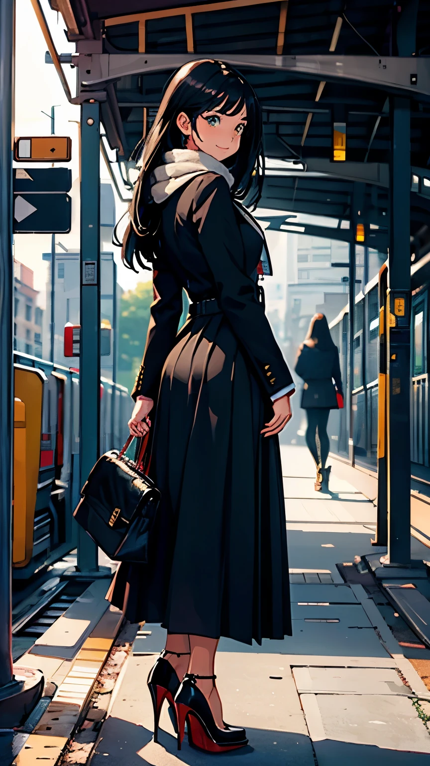    ((masterpiece, high resolution, better quality, better details)), ((Smiling)), ((one girl)) a girl sitting at a large wooden desk, full body, wearing a pleated maxi skirt, long skirt, ((long skirt without openings)), paired with a fitted cardigan, ((Louboutin high heels)), green eyes, ((black hair, long hair)), shiny skin, ((top view)), solo, from above, full body, focus full body, in a stylish office, writing in a notebook