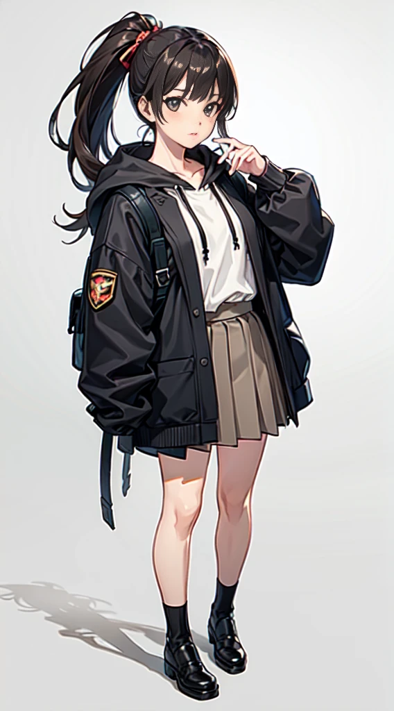 hyper HD, Masterpiece, Textured skin, Super detail, High details, High quality, Best quality, A high resolution, 8K, 16k，full body,a women ,solo,pure Brown hoodie, whitet-shirt, grey Mini pleated skirt ，long socks, Black leather boots, Black backpack， long black hair，comic bangs，high ponytail，Blush,realistic face,realism, a character portrait, white background