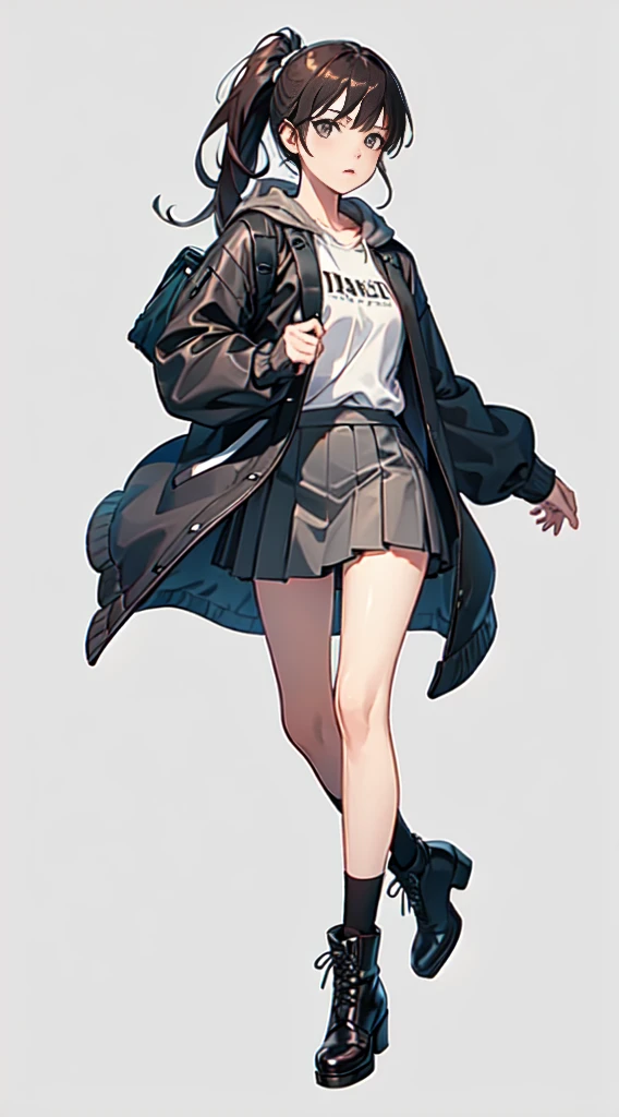 hyper HD, Masterpiece, Textured skin, Super detail, High details, High quality, Best quality, A high resolution, 8K, 16k，full body,a women ,solo,pure Brown hoodie, whitet-shirt, grey Mini pleated skirt ，long socks, Black leather boots, Black backpack， long black hair，comic bangs，high ponytail，Blush,realistic face,realism, a character portrait, white background