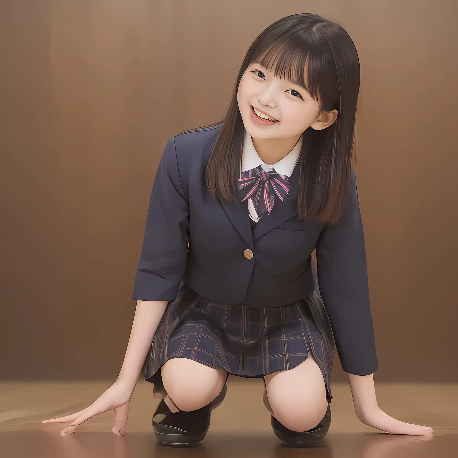 (Highest quality, masterpiece:1.2), Highest quality, High resolution, 1080P, 8k, clearly detailed, low-angle shot, height: 145cm, ((13yo)), (Some 13yo idol girls are inviting, bending down deeply at waist, and looking down at the floor, bending down deeply at her waist, their shining eyes are looking down at the viewer directly, Girls faces are looking down and coming close to the viewer, Low-angle-skirt-close-shot from below the girls' knees, ((skirt close shot)), only high altar of succubus in school underground background: 2.0) (Nobly bowing super-pretty shining-long-hair super-beautiful super-bewitching super-cute expensive school-uniform pretty slender 14yo-fashion-model of most-beautiful-school-uniform-girl-models photo-magazine in Japan, too beautiful aristocratic daughter laughing down at the viewer, in supreme bliss, bowing and accepts the viewer's every desire: 1.8), (long bottom eye-slashes, long top eye-slashes), (very bewitching beautiful full-open lips: 1.4), (neat gorgeous school uniform of private high school in Japan. navy-school-blazer with gold-emblem, super-neat navy-blue-lined-tartan-checkered light-sky-blue-pleats-school-skirt, super-girly plain-red ribbon on the breast: 1.5), (bewitching expression, smile, lips, and pose to corrupt the viewer, everything is planned and prepared to corrupt the viewer into the allusion of love towards the girl: 1.2), (clearly detailed foreground focusing on girl's beauty and cuteness, gorgeous blue girly bed background of full-of-girls girly-heaven: 1.2), (some girls are putting her beautiful both hands and fingers on the viewer to tear off the viewer's cloths lustily and forcibly, which may also open the viewer's brain, pouring her girly white ecstasy drool to the viewer: 1.5), (sky-blue school skirt, beautiful legs, loafers: 1.6), (detailed brown eyes: 1.5), (Strong lustful hypnotic wind blows her hair from her back: 1.4), (Too sweet much condensed milk is dripping from her hanged palms: 2.0)