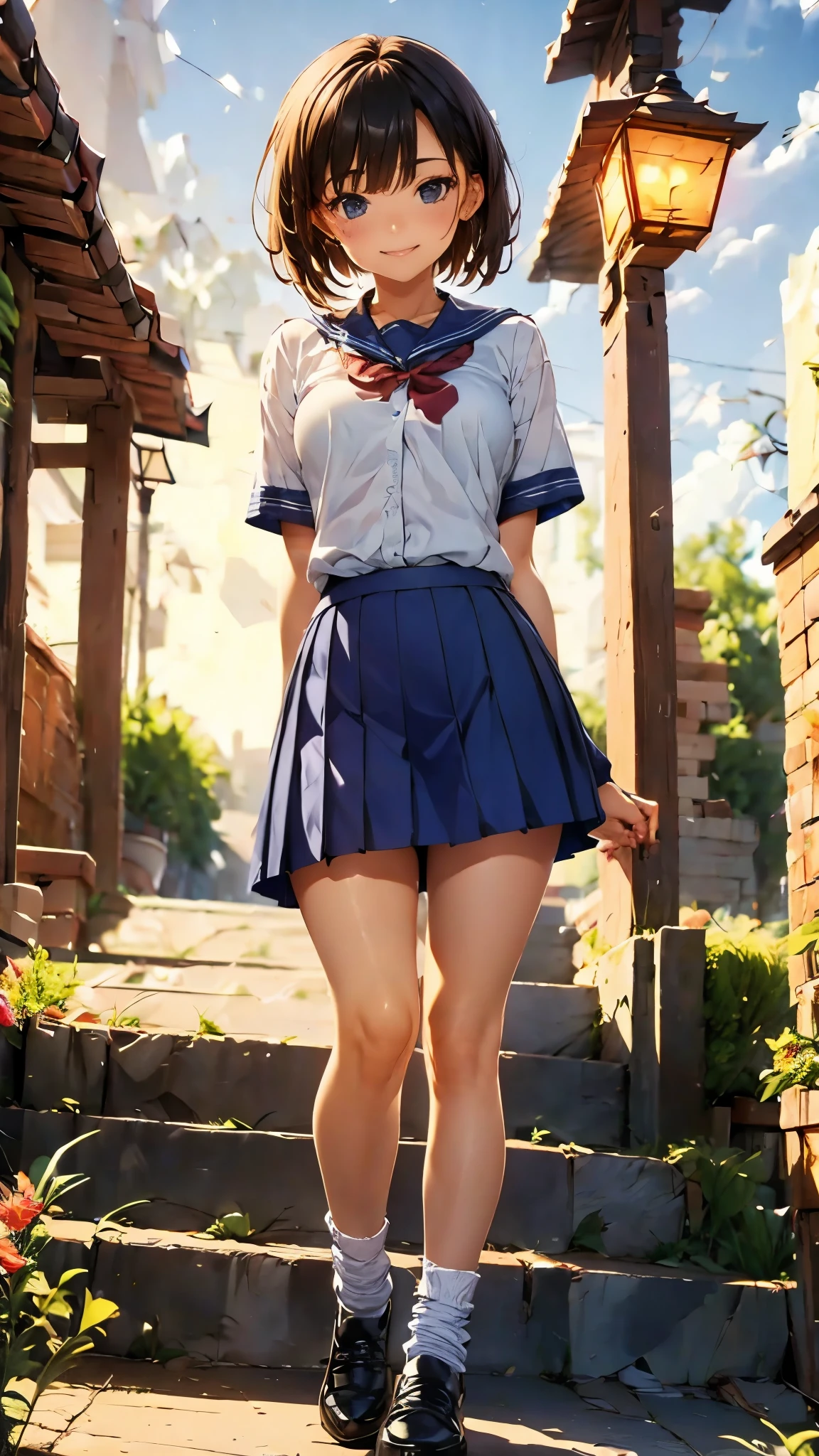 Schoolgirl、Short-sleeved uniform、The best smile、 blue miniskirt flared skirt 、Raw feet and black leather shoes、desert、Full moon and night sky