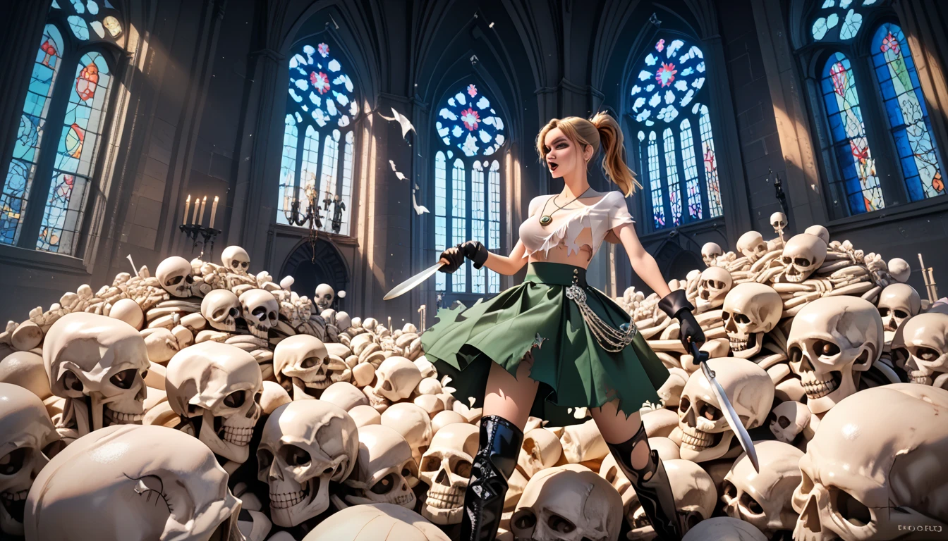 a glamorous female, hair in a scruffy ponytail, necklace, patent black over-the-knee stiletto boots, black gloves, torn flowing green skirt, loose white top. holding a decorated knife. confidently fighting on a pile of skulls. skeletons in tattered rags are around her. Night. Cathedral background 