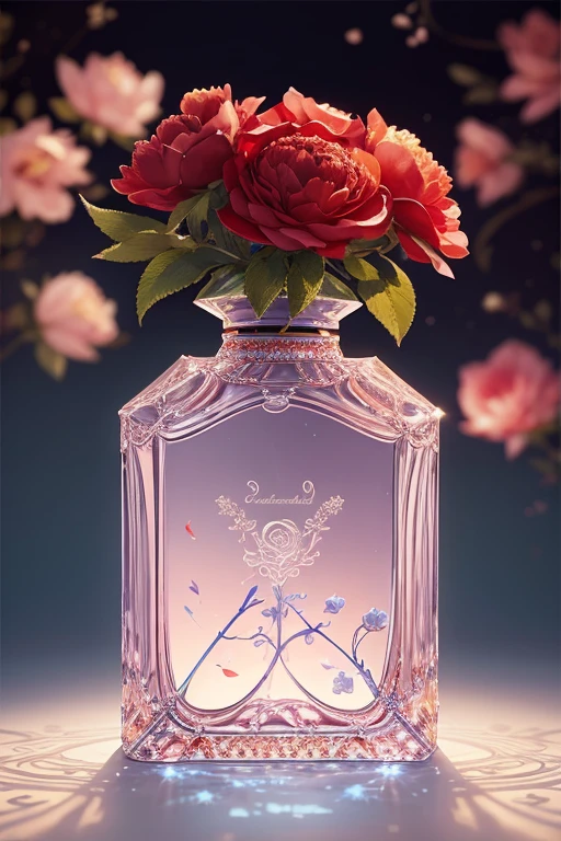 Bottle Design  、 rococo luxury square crystal perfume bottle decorated with beautiful violet flowers and birds、　  decorated with beautiful violet flowers and birds、milk colored background  　 Silver lighting、 30 megapixel   、  Photographed by a Professional Photographer  、Excellent lighting、  Masterpiece