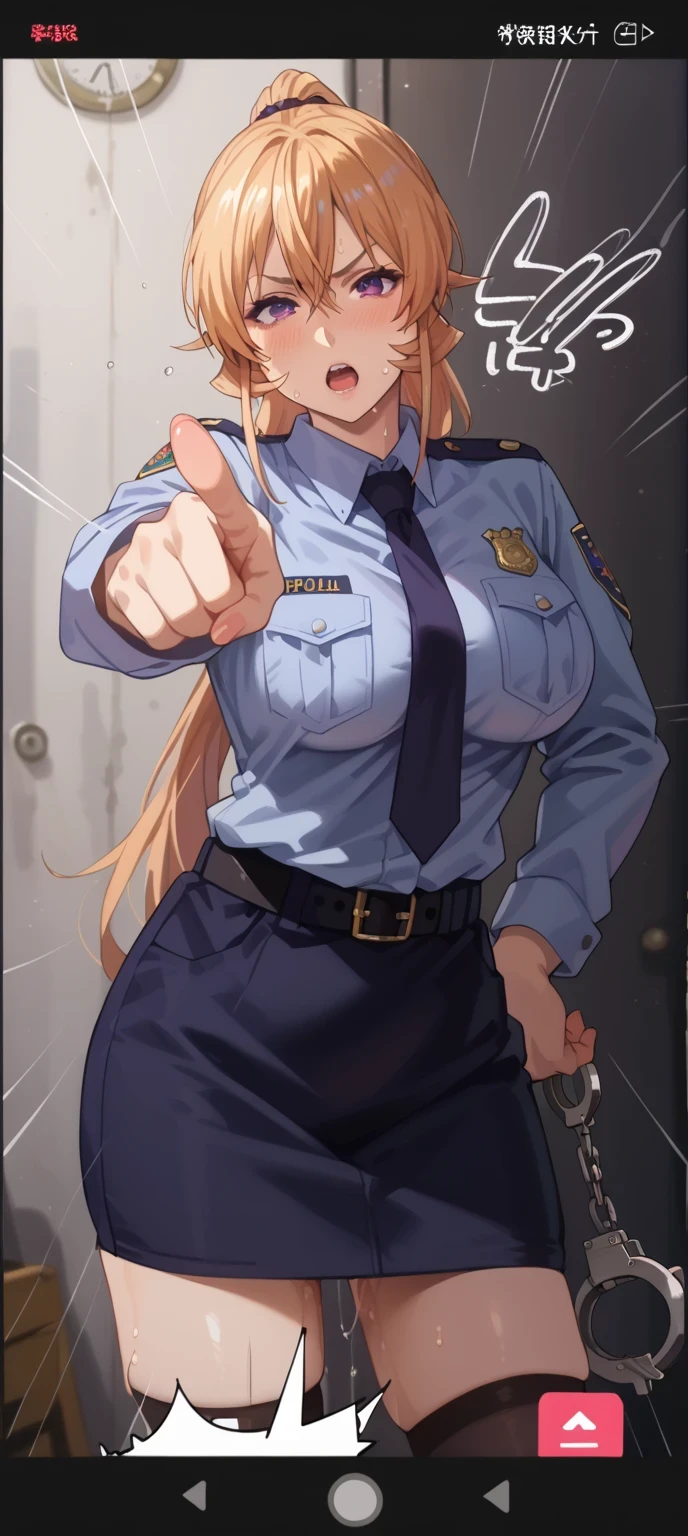 Close mouth, Mature female, fit girl, score_9, score_8_up, score_7_up, score_6_up, score_5_up, score_4_up, BREAK source_anime,1girl,erina nakiri, long hair, orange hair, hair between eyes,(purple eyes), shinny eyes,huge breasts, flashy gyaru,1girl, skirt, handcuffs, cuffs, blonde_hair, police, blush, police_uniform, shirt, necktie, long_hair, uniform, thighhighs, pointing_at_viewer, open_mouth, breasts, policewoman, solo, pointing, black_skirt, collared_shirt, pencil_skirt, large_breasts, shirt_tucked_in, ponytail, black_thighhighs, pussy_juice, looking_at_viewer, bangs, blue_shirt, brown_eyes, long_sleeves, breast_pocket, pocket, hand_on_hip, sweat, miniskirt, teeth, holding, sidelocks, cowboy_shot, standing