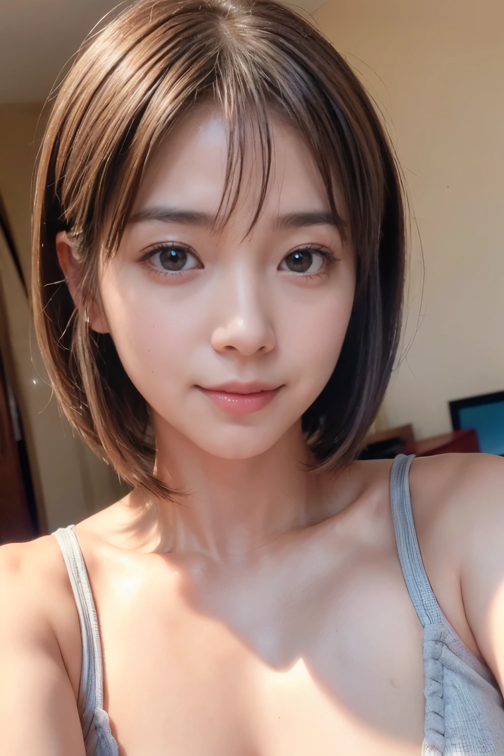 (((Face close-up)))、(((Absolutely shoulder-length brown straight short bob)))、(((She's lying on the bed and looking at us.)))、((((Thin tank top)))、Half Japanese and half Korean、28 year old girl、Looking forward、Light eye makeup、Brown Hair Color、Hair blowing in the wind、quality、Shiny Ultra-Realistic Face、glossy、lure、Sweaty,Watery eye、Gaze Up、Subtle lighting effects、Ultra-Realistic Capture、Very detailed、High resolution 16K human skin closeup。Skin texture must be natural、The detail must be such that the pores are clearly visible.、The skin is healthy、Even Tone、Use natural light and colors、High quality photos taken in-house by a model agency photographer、smile、(((SIGMA 300 mm F/1.4、1/1000 sec shutter、ISO 400)))