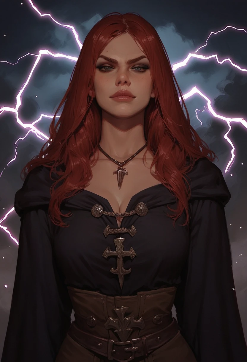 score_9, score_8_up, score_7_up, fantasy, medieval, aura, glowing, sorceress, dark robe, might, power, evil smirk, looking at viewer, solo, witch, shadows, necklace, runes, lightning in the background, stormy night