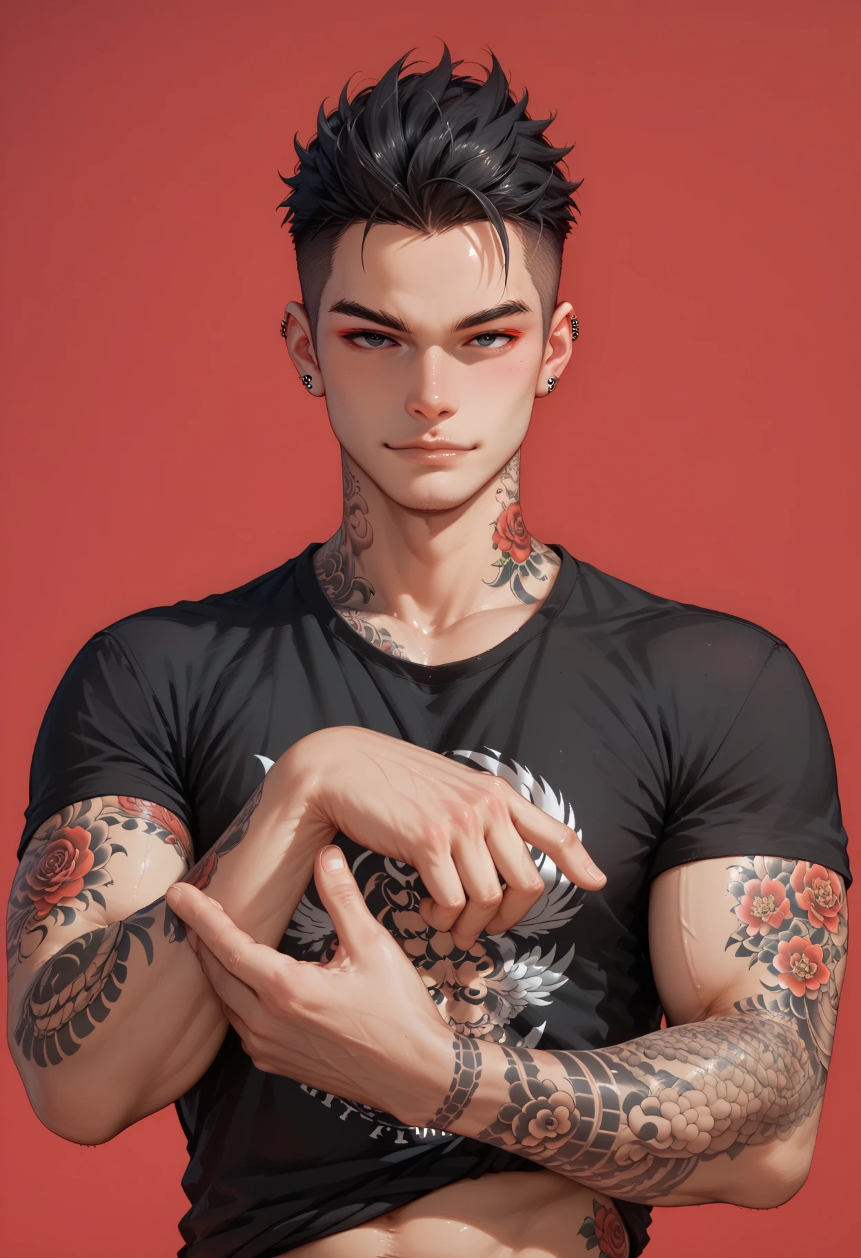 a handsome man is posing standing, dashing pose, wearing traditional japanese tattoos on his hands, wearing a traditional Japanese tattoo on the neck, wear a black t-shirt, look at viewers, red background, detail face, detail eyes, black eyes