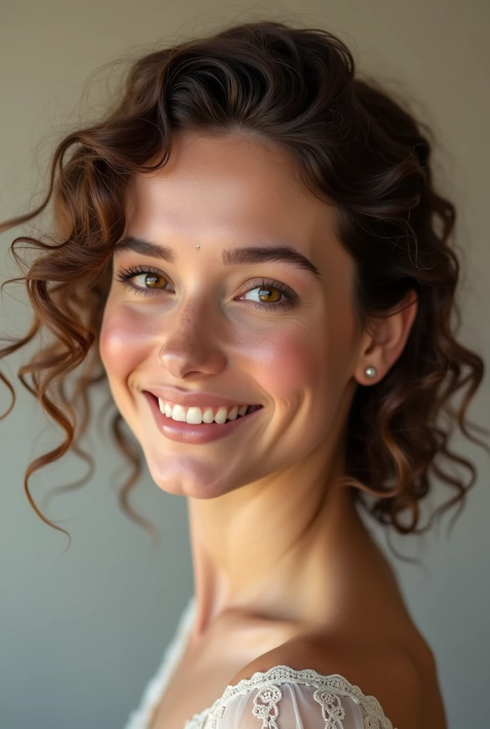 White woman with curly brown hair and green eyes in profile smiling