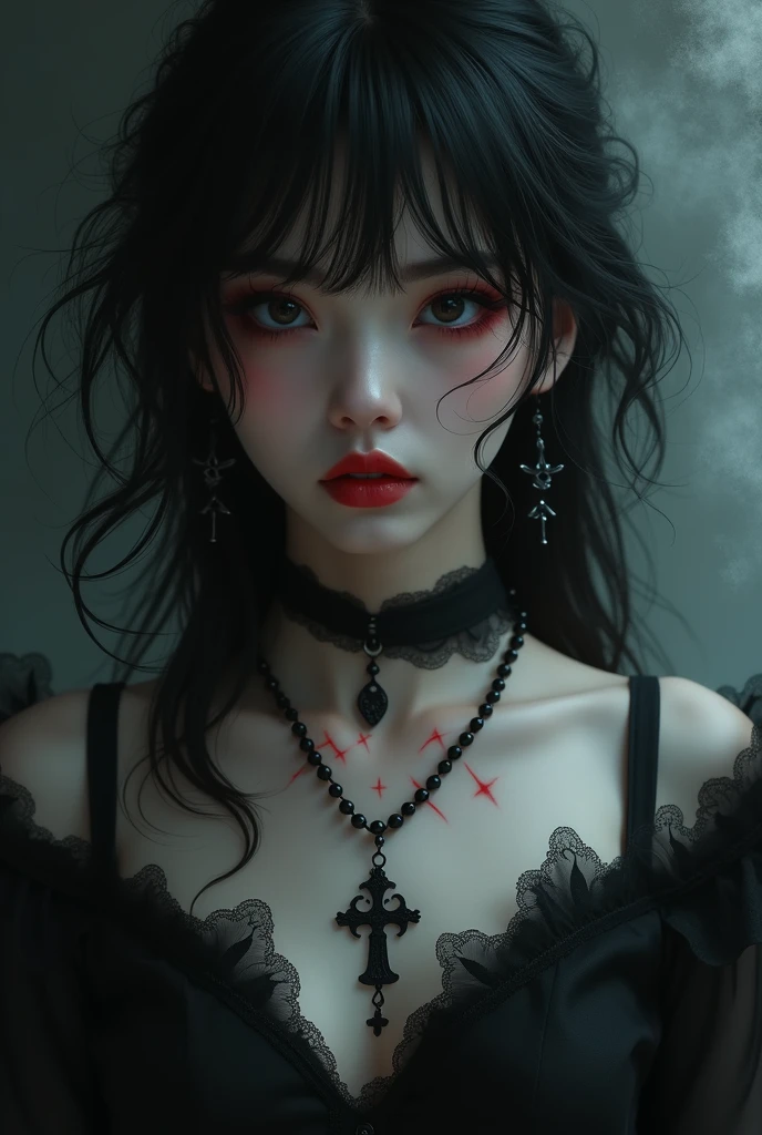 Tattoo Girl, (Skull and rose tattoo)、so beautiful, Murderous, Handsome, betrayal, anger, Dark Background, 8k, Dynamic Wallpapers, Very delicate, Very dark white tank top、(((swarovski)))、